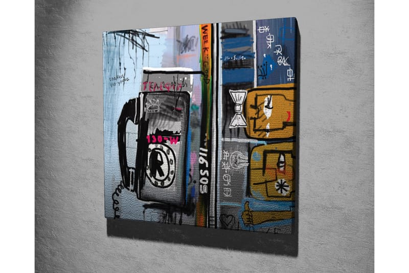 Canvas-taulu - Graafinen sommitelma puhelimella ja abstrakteilla hahmoilla - Sininen / Musta / Keltainen - Sisustustuotteet - Taulu & taide - Canvas-taulu