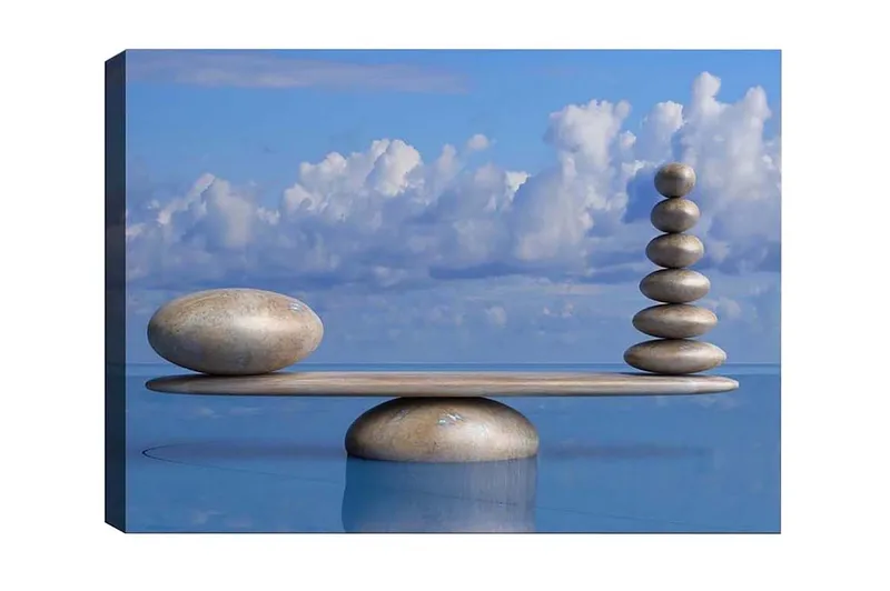 Canvas-taulu - Harmoninen kivien tasapaino korokkeella, Vaaleansininen / Beige / Harmaa