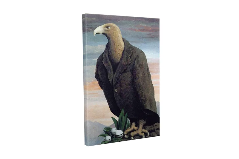 Canvas-taulu - Ihmismäinen kotka puvussa seisoo kalliolla, Tummanruskea / Vihreä / Vaaleansininen