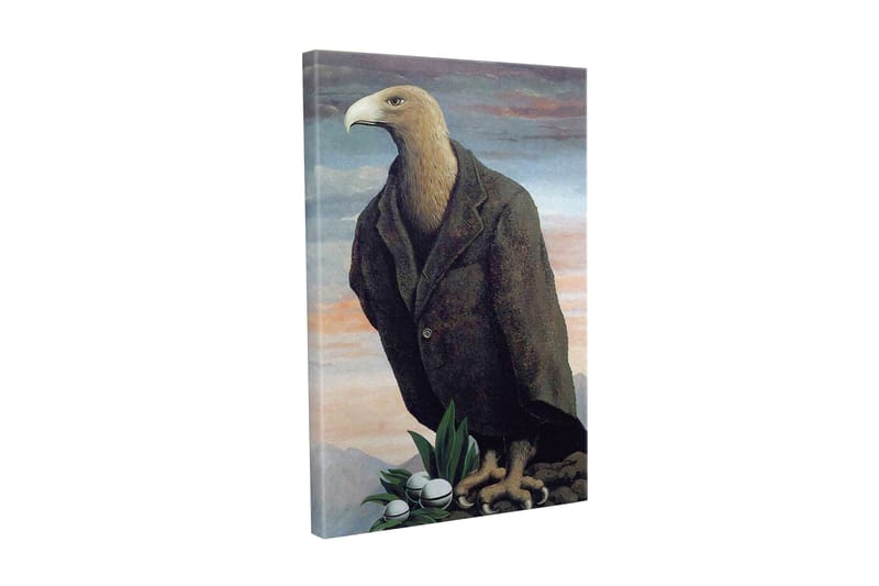 Canvas-taulu - Ihmismäinen kotka puvussa seisoo kalliolla, Tummanruskea / Vihreä / Vaaleansininen