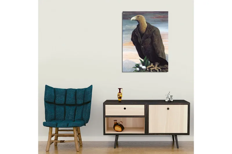 Canvas-taulu - Ihmismäinen kotka puvussa seisoo kalliolla - Tummanruskea / Vihreä / Vaaleansininen - Sisustustuotteet - Taulu & taide - Canvas-taulu