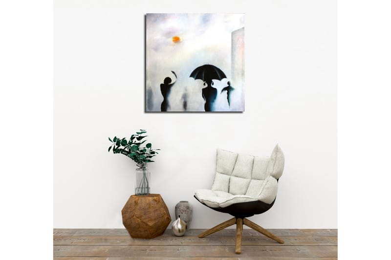 Canvas-taulu - Ihmisten siluetteja sateenvarjojen kanssa sumuisessa kaupunkiympäristössä - Musta / Harmaa / Oranssi - Sisustustuotteet - Taulu & taide - Canvas-taulu