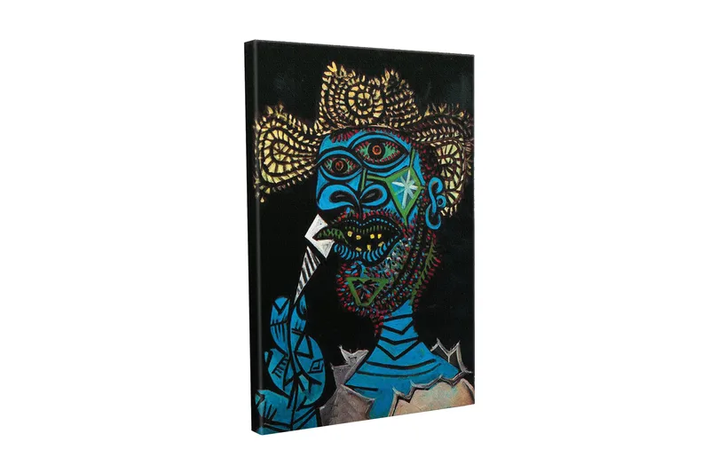 Canvas-taulu - Ilmeikäs muotokuva miehestä värikkäillä yksityiskohdilla ja dramaattisella taustalla, Sininen / Musta / Keltainen