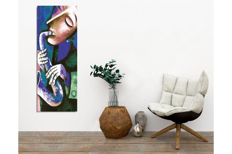 Canvas-taulu - Ilmeikkaat piirteet omaava saksofonia soittava muusikko - Tummansininen / Vihreä / Valkoinen - Sisustustuotteet - Taulu & taide - Canvas-taulu