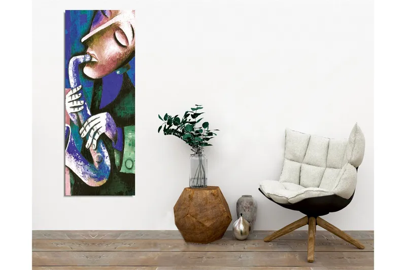 Canvas-taulu - Ilmeikkaat piirteet omaava saksofonia soittava muusikko - Tummansininen / Vihreä / Valkoinen - Sisustustuotteet - Taulu & taide - Canvas-taulu