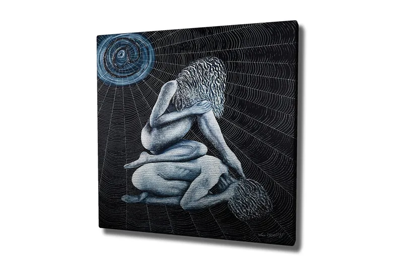 Canvas-taulu - Intiimi kohtaus, jossa kaksi alastonta hahmoa monimutkaisessa asennossa, Tummansininen / Vaaleansininen / Musta