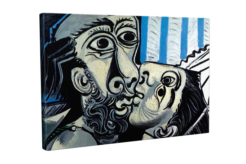 Canvas-taulu - Kahden kasvon intohimoinen kohtaaminen, Musta / Valkoinen / Sininen