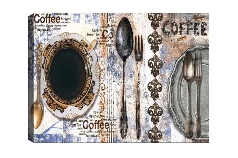 Canvas-taulu - Kahvi ja aterimet koristellulla lautasella, Musta / Kulta / Harmaa