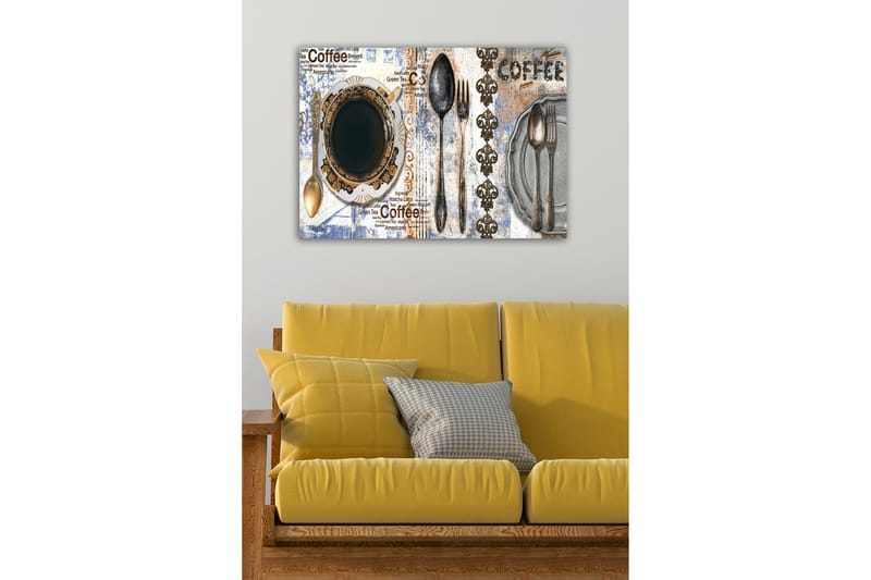 Canvas-taulu - Kahvi ja aterimet koristellulla lautasella - Musta / Kulta / Harmaa - Sisustustuotteet - Taulu & taide - Canvas-taulu