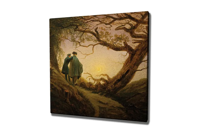 Canvas-taulu - Kaksi ihmistä seisoo yhdessä suuren puun alla auringonlaskun aikaan, Tummanvihreä / Ruskea / Vaaleankeltainen