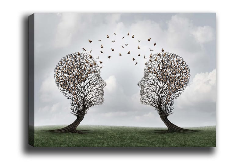 Canvas-taulu - Kaksi kasvojen muotoista puuta, joiden välissä leijuu perhosia - Ruskea / Vihreä / Harmaa - Sisustustuotteet - Taulu & taide - Canvas-taulu