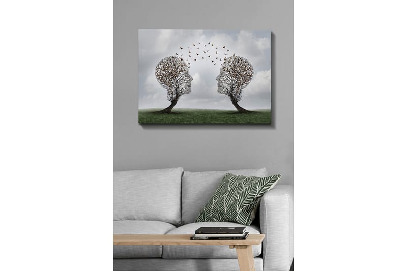 Canvas-taulu - Kaksi kasvojen muotoista puuta, joiden välissä leijuu perhosia - Ruskea / Vihreä / Harmaa - Sisustustuotteet - Taulu & taide - Canvas-taulu