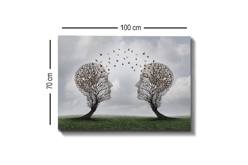 Canvas-taulu - Kaksi kasvojen muotoista puuta, joiden välissä leijuu perhosia - Ruskea / Vihreä / Harmaa - Sisustustuotteet - Taulu & taide - Canvas-taulu