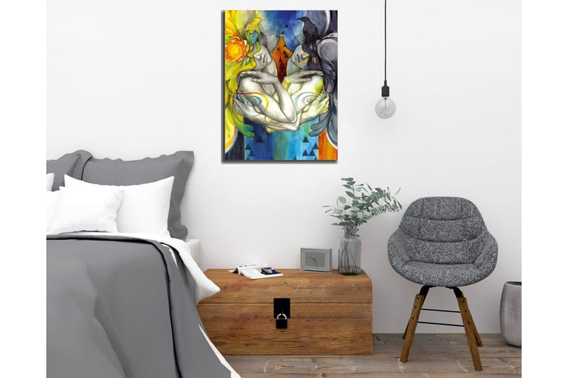 Canvas-taulu - Kaksi toisiinsa kietoutunutta hahmoa, joiden päässä on lintuja ja värikkäitä kuvioita - Keltainen / Sininen / Musta - Sisustustuotteet - Taulu & taide - Canvas-taulu