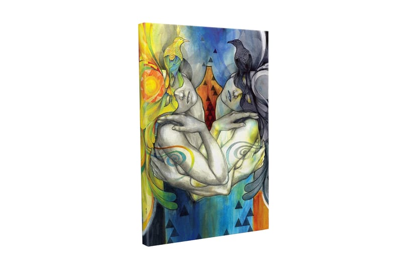 Canvas-taulu - Kaksi toisiinsa kietoutunutta hahmoa, joiden päässä on lintuja ja värikkäitä kuvioita, Keltainen / Sininen / Musta