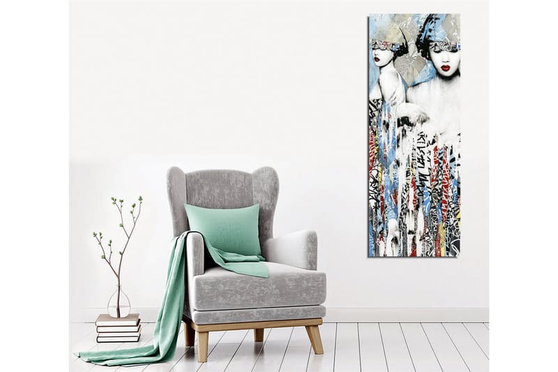 Canvas-taulu - Kaksi tyyliteltyä naista, joiden kasvot on osittain peitetty päähineellä ja voimakkailla punaisilla huulilla - Sininen / Musta / Punainen - Sisustustuotteet - Taulu & taide - Canvas-taulu