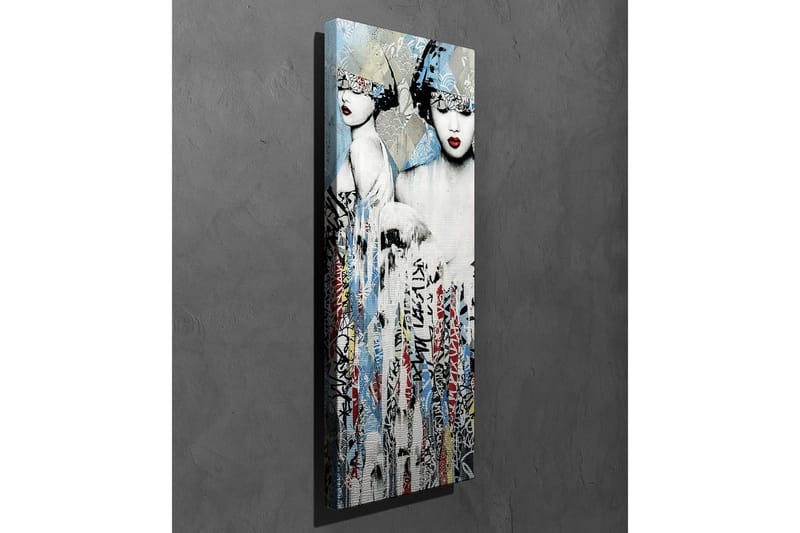 Canvas-taulu - Kaksi tyyliteltyä naista, joiden kasvot on osittain peitetty päähineellä ja voimakkailla punaisilla huulilla - Sininen / Musta / Punainen - Sisustustuotteet - Taulu & taide - Canvas-taulu