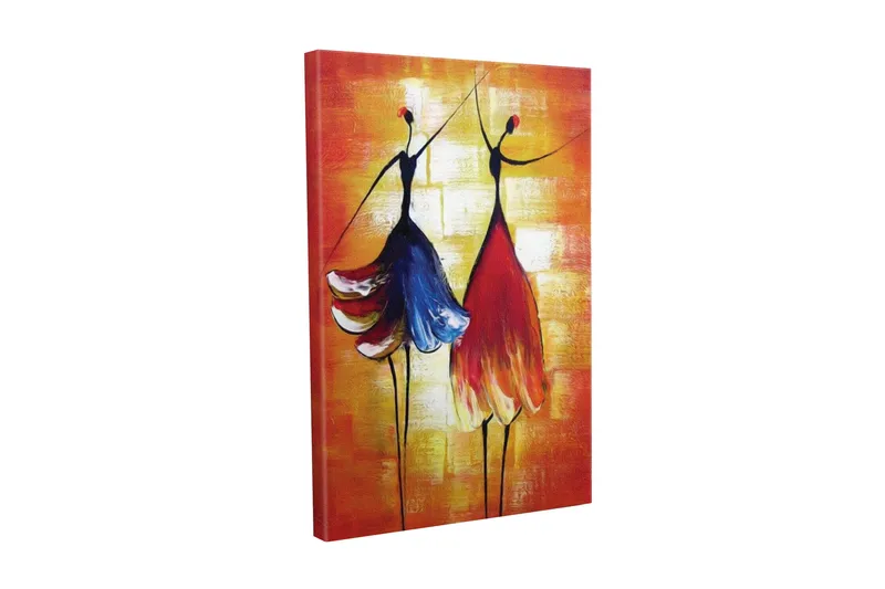 Canvas-taulu - Kaksi tyyliteltyä naista värikkäissä mekoissa tanssimassa, Punainen / Sininen / Oranssi