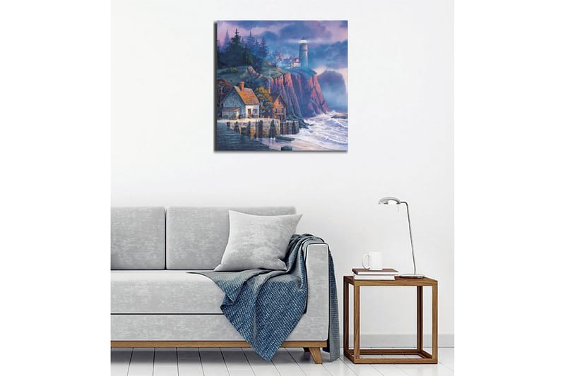 Canvas-taulu - Kallioinen rannikko majakalla ja viehättävillä taloilla - Tummansininen / Harmaa / Punainen - Sisustustuotteet - Taulu & taide - Canvas-taulu