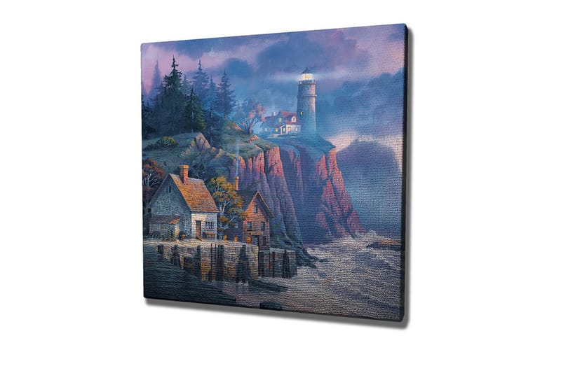 Canvas-taulu - Kallioinen rannikko majakalla ja viehättävillä taloilla, Tummansininen / Harmaa / Punainen