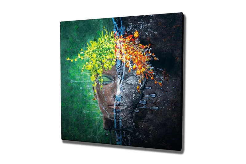 Canvas-taulu - Kasvot ja kukkaseppele kontrastiväreissä, Vihreä / Keltainen / Oranssi