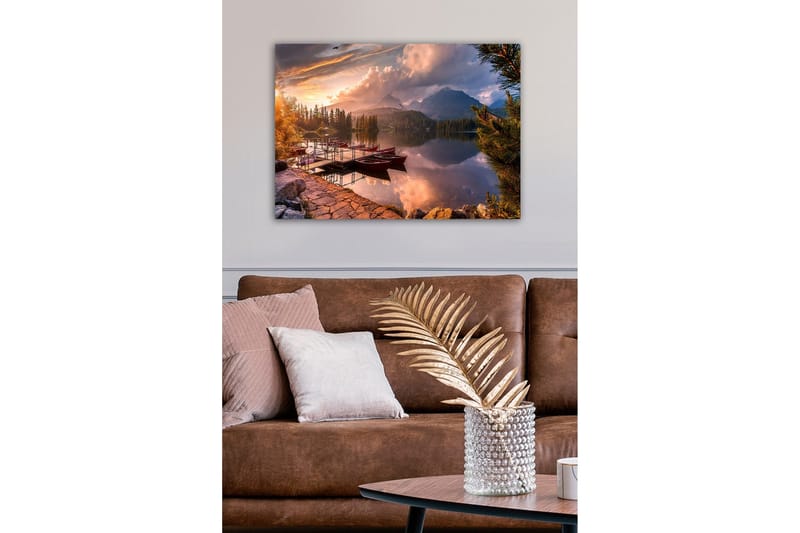 Canvas-taulu - Kaunis järvimaisema soutuveneillä auringonlaskun aikaan - Oranssi / Vihreä / Sininen - Sisustustuotteet - Taulu & taide - Canvas-taulu