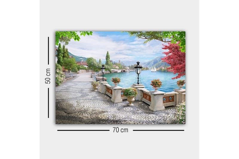Canvas-taulu - Kaunis järvinäkymä rantakadulla ja ruukuissa olevilla kukilla - Vihreä / Sininen / Vaaleanpunainen - Sisustustuotteet - Taulu & taide - Canvas-taulu
