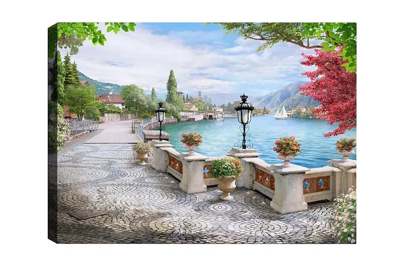 Canvas-taulu - Kaunis järvinäkymä rantakadulla ja ruukuissa olevilla kukilla, Vihreä / Sininen / Vaaleanpunainen