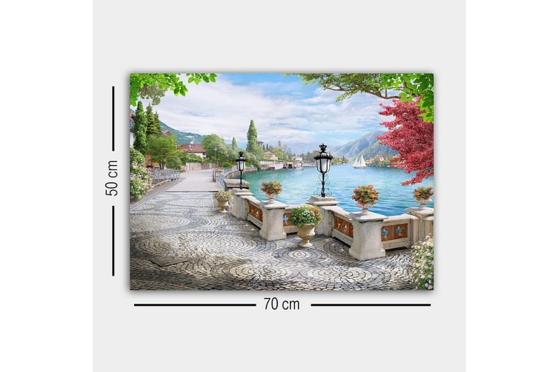 Canvas-taulu - Kaunis järvinäkymä rantakadulla ja ruukuissa olevilla kukilla - Vihreä / Sininen / Vaaleanpunainen - Sisustustuotteet - Taulu & taide - Canvas-taulu