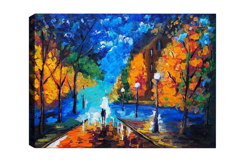 Canvas-taulu - Kaunis kaupunkipuisto värikkäillä syyspuilla ja kävelyreitillä hämärässä, Sininen / Oranssi / Vihreä
