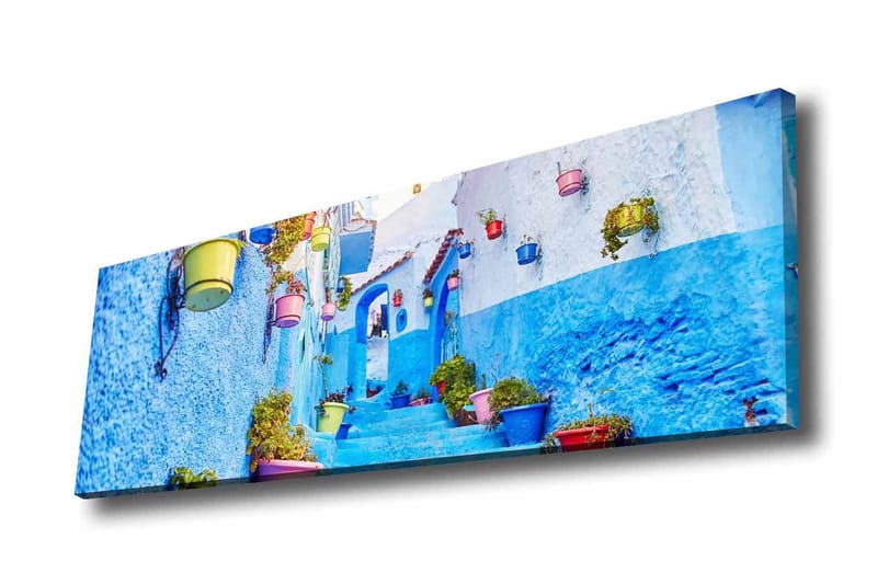 Canvas-taulu - Kaunis kuja sinisine seinine ja värikkäine kukkaruukkuineen, Sininen / Valkoinen / Keltainen