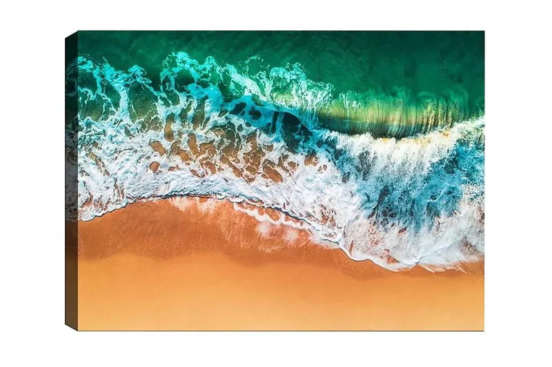 Canvas-taulu - Kaunis näkymä merelle ja rannalle aaltojen vyöryessä kohti hiekkaa, Turkoosi / Beige / Valkoinen