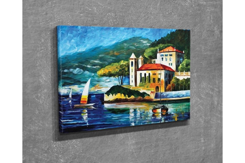 Canvas-taulu - Kaunis rannikkomaisema purjeveneillä ja viehättävällä rakennuksella veden äärellä - Sininen / Vihreä / Punainen - Sisustustuotteet - Taulu & taide - Canvas-taulu
