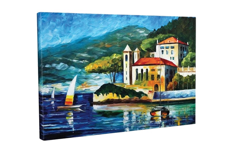 Canvas-taulu - Kaunis rannikkomaisema purjeveneillä ja viehättävällä rakennuksella veden äärellä, Sininen / Vihreä / Punainen