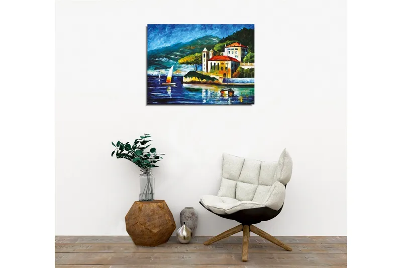 Canvas-taulu - Kaunis rannikkomaisema purjeveneillä ja viehättävällä rakennuksella veden äärellä - Sininen / Vihreä / Punainen - Sisustustuotteet - Taulu & taide - Canvas-taulu