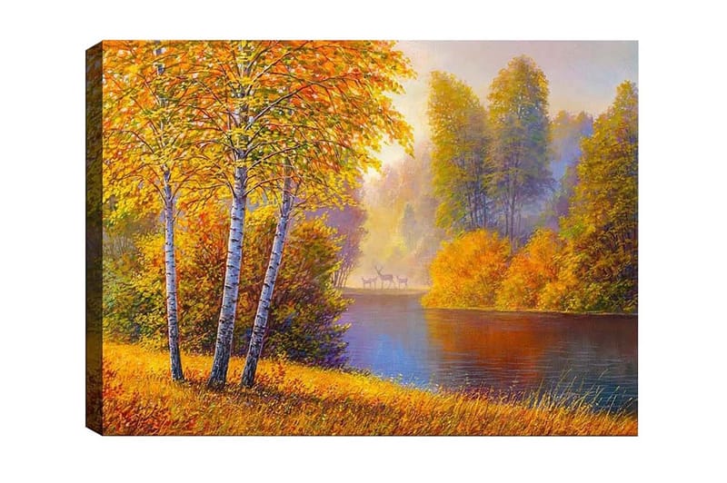 Canvas-taulu - Kaunis syysmaisema koivujen kanssa hiljaisen järven rannalla, Kultaoranssi / Vihreä / Sininen