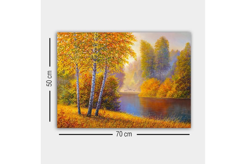 Canvas-taulu - Kaunis syysmaisema koivujen kanssa hiljaisen järven rannalla - Kultaoranssi / Vihreä / Sininen - Sisustustuotteet - Taulu & taide - Canvas-taulu