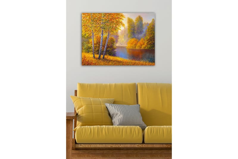 Canvas-taulu - Kaunis syysmaisema koivujen kanssa hiljaisen järven rannalla - Kultaoranssi / Vihreä / Sininen - Sisustustuotteet - Taulu & taide - Canvas-taulu