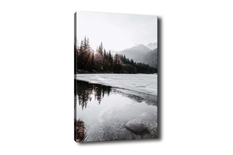 Canvas-taulu - Kaunis talvimaisema jäätyneillä järvillä ja lumipeitteisillä vuorilla, Harmaa / Valkoinen / Tummanvihreä