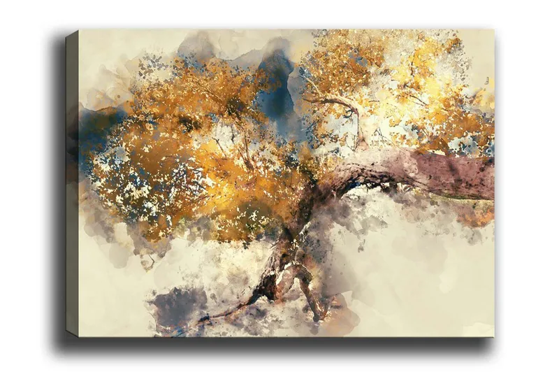 Canvas-taulu - Kaunis puun kruunu kultaisilla lehdillä, Kulta / Ruskea / Sininen