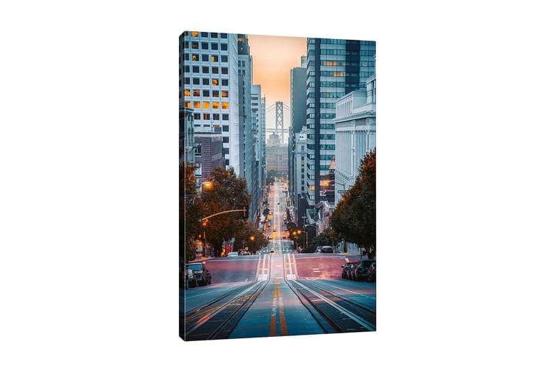 Canvas-taulu - Kaupungin katu ja taustalla siltanäkymä, Sininen / Oranssi / Harmaa