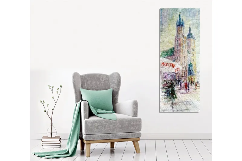 Canvas-taulu - Kaupunkinäkymä historiallisine rakennuksineen ja liikkuvine ihmisineen - Vaaleansininen / Beige / Vihreä - Sisustustuotteet - Taulu & taide - Canvas-taulu