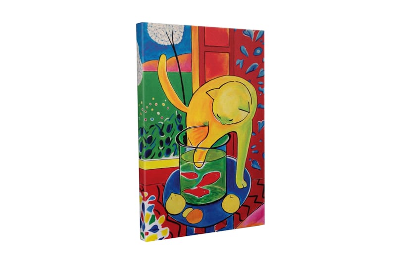 Canvas-taulu - Keltainen kissa leikkii lasipurkin kalan kanssa, Keltainen / Vihreä / Punainen