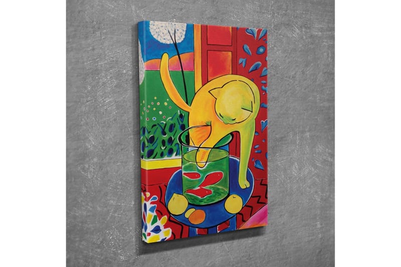 Canvas-taulu - Keltainen kissa leikkii lasipurkin kalan kanssa - Keltainen / Vihreä / Punainen - Sisustustuotteet - Taulu & taide - Canvas-taulu