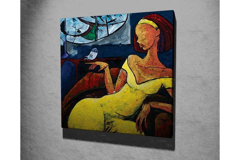 Canvas-taulu - Keltaiseen mekkoon pukeutunut nainen istuu lintu kädessään - Keltainen / Sininen / Punainen - Sisustustuotteet - Taulu & taide - Canvas-taulu