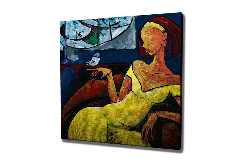 Canvas-taulu - Keltaiseen mekkoon pukeutunut nainen istuu lintu kädessään, Keltainen / Sininen / Punainen
