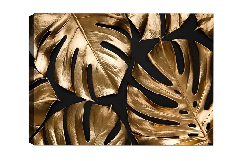 Canvas-taulu - Kiiltävät monsteran lehdet kultaisissa sävyissä, Kulta / Musta