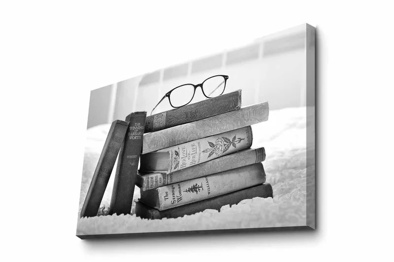 Canvas-taulu - Kirjapino, jonka päällä on laseja, Musta / Harmaa / Valkoinen