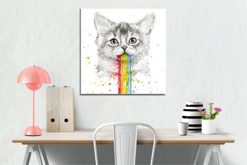 Canvas-taulu - Kissa sateenkaaren värisessä oksennuksessa - Harmaa / Sateenkaari (punainen / oranssi - Sisustustuotteet - Taulu & taide - Canvas-taulu