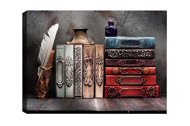 Canvas-taulu - Kokoelma antiikkikirjoja koristeellisilla selkämyksillä ja sulkakynällä - Tummanpunainen / Vihreä / Sininen - Sisustustuotteet - Taulu & taide - Canvas-taulu